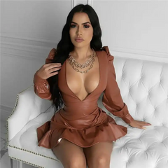 Women Sexy Solid Color Deep V Neck PU Leather Flouncing Dress
