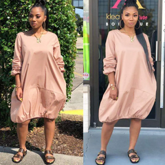 Round Neckline Long-Sleeve Pocket Design Loose Casual Dress