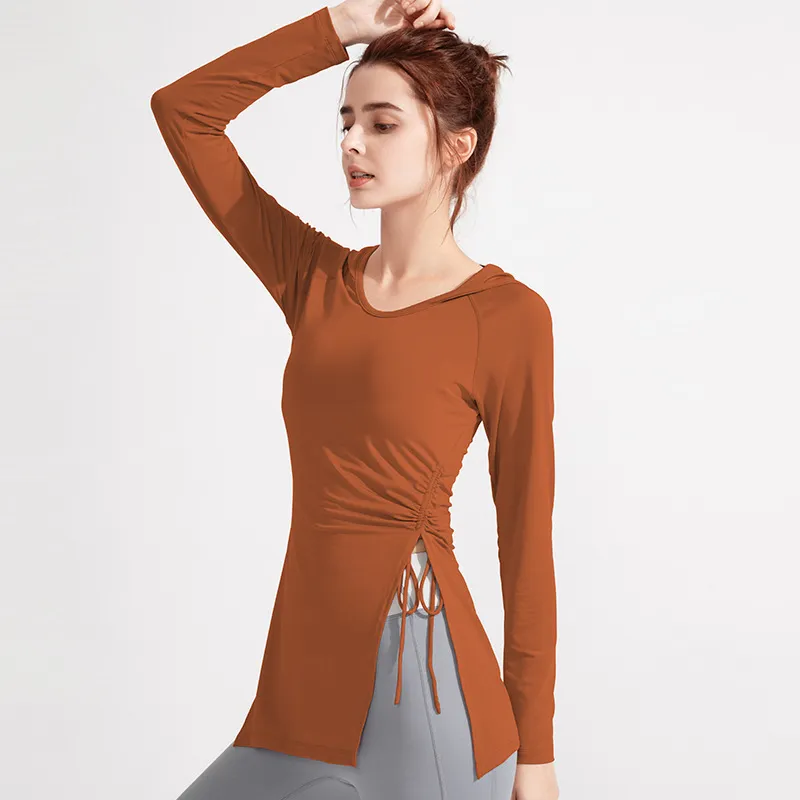 Women Fashion Solid Color Long Sleeve Drawstring Split Sports Yoga Top