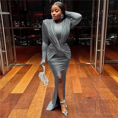 Women Fashion Long Sleeve Split Solid Color Party Bodycon Maxi Dress