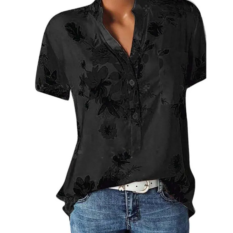 Women Elegant Fashion Loose Casual Short Sleeves Tiny Flower Print V Neck Blouse