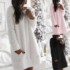 Winter Women Casual Plush Solid Color Long Sleeve Fluffy Dress