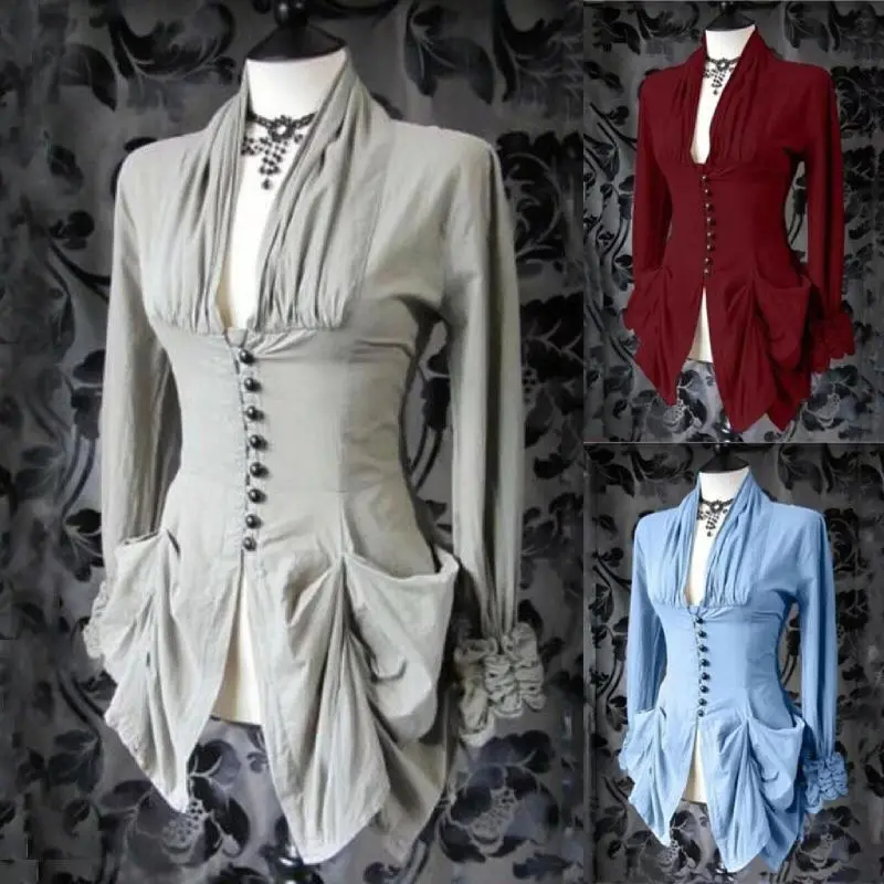 Summer Women Fashion Gothic V-Neck Buckle Long Sleeve Top