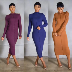 Women Fashion Solid Color Patchwork Long Sleeve Dress