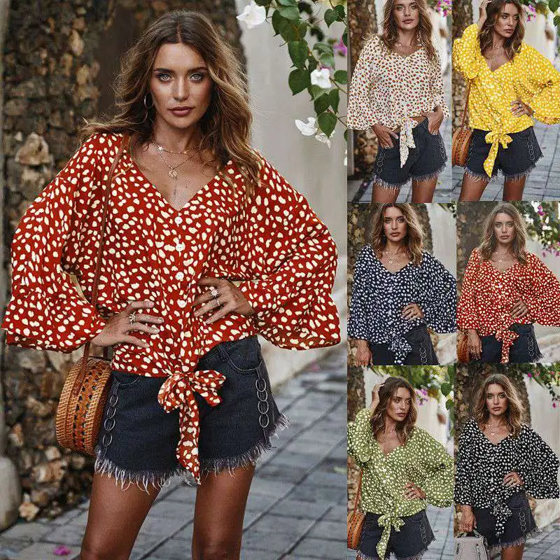 Women V Neck Lace-Up Dot Print Blouse
