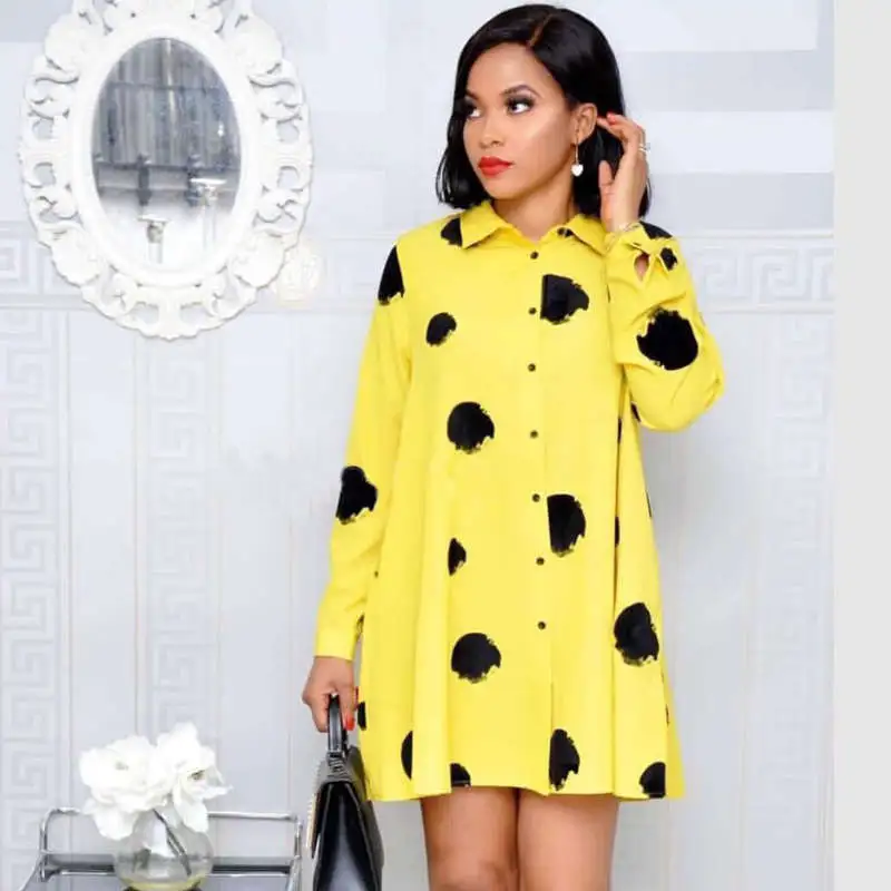 Women Casual Graffiti Lapel Long Sleeve Shirt Dress