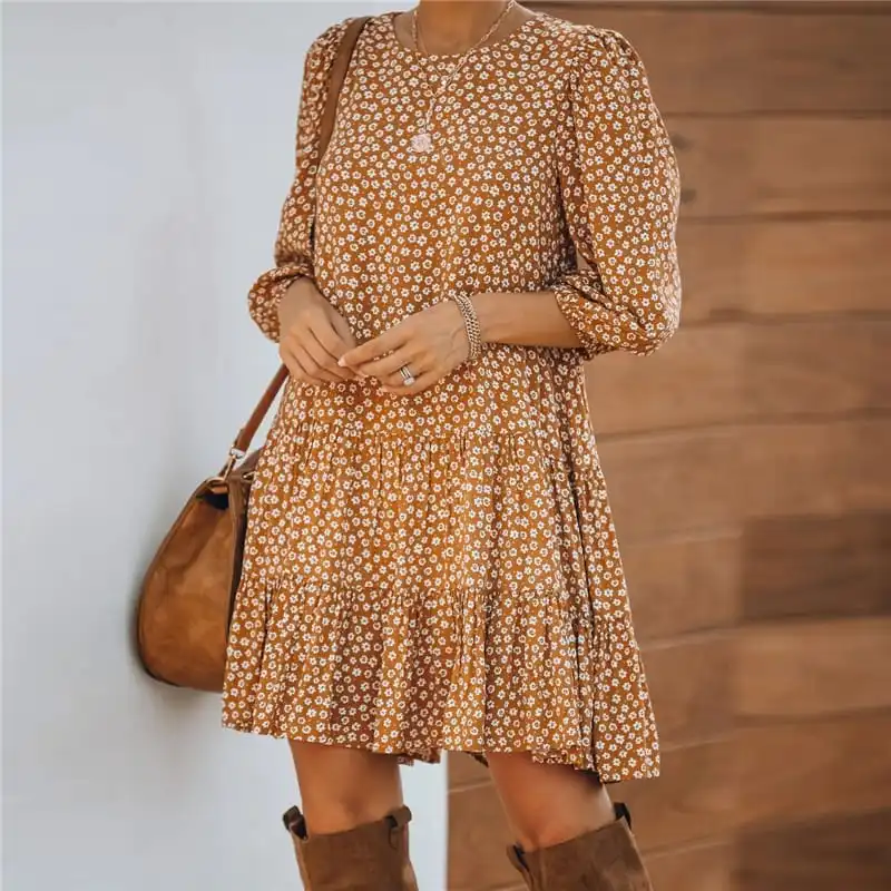 Women Fashion Floral Printed Round Neck Dress