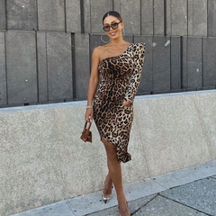 Women Autumn Sexy Leopard Print Long-Sleeved Oblique One Shoulder Side-Slit All Over Print Dress