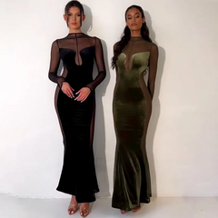 Women Sexy Hollow See-Through Mesh Velvet Patchwork Long Sleeve Round Neck Maxi Dress