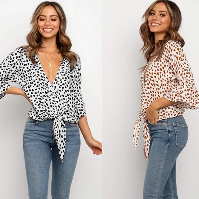 Women V Neck Lace-Up Printed Blouse