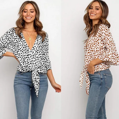 Women V Neck Lace-Up Printed Blouse