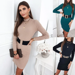 Women Autumn Solid Color Long Sleeve Knitted Rib Knitted Bodycon Dress