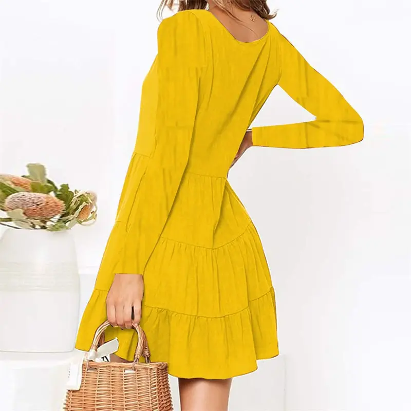 Women Solid Color V Neck Single-Breasted Dress