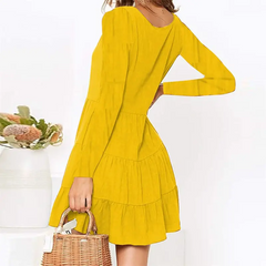 Women Solid Color V Neck Single-Breasted Dress
