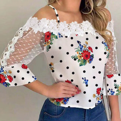 Women Floral Print Mesh Patchwork Long-Sleeve Lace Top