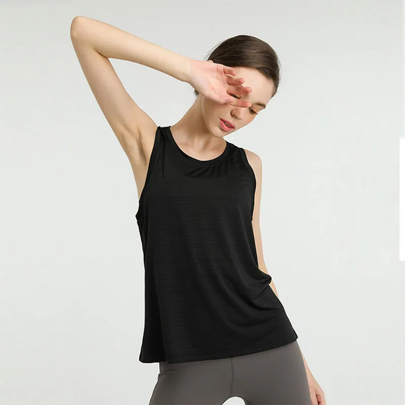 Women Casual Loose Solid Color Round Neck Sleeveless Back Cut Out Sports Tank Top