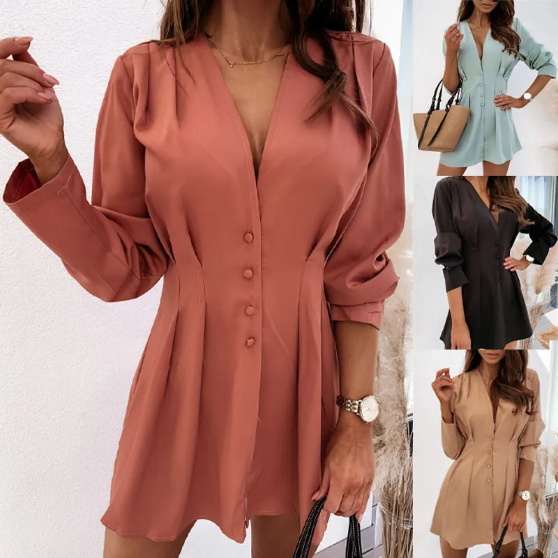 Women Autumn Elegant V-Neck Solid Color Button Long-Sleeved Casual Dress