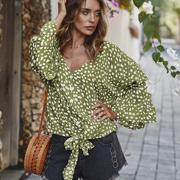 Women V Neck Lace-Up Dot Print Blouse