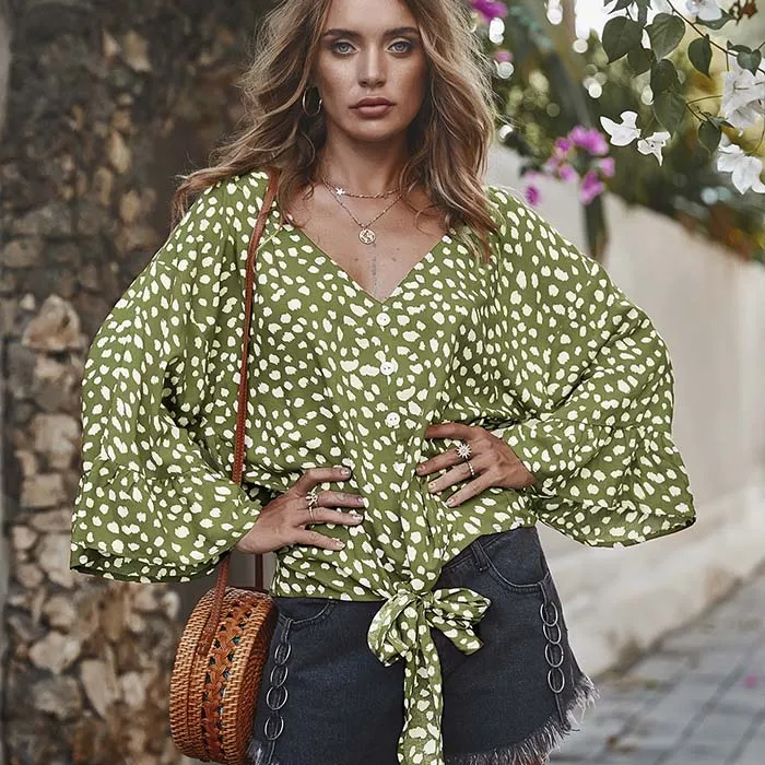 Women V Neck Lace-Up Dot Print Blouse