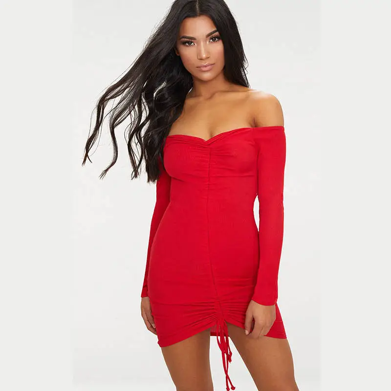 Women Sexy Off-The-Shoulder Long Sleeve Drawstring Mini Dresses