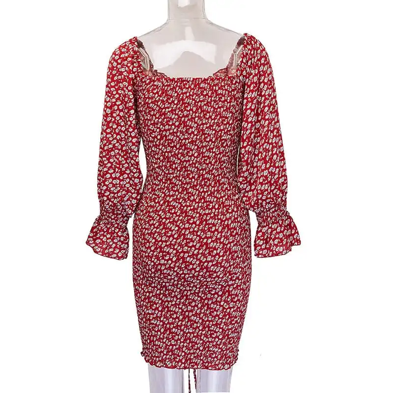 Women Fashion Floral Printed Ruffled Crease Dress