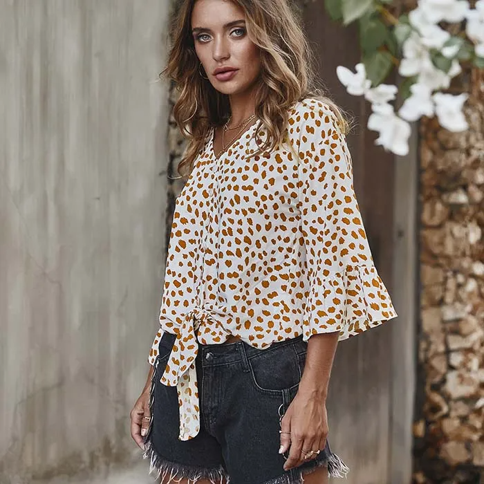 Women V Neck Lace-Up Dot Print Blouse
