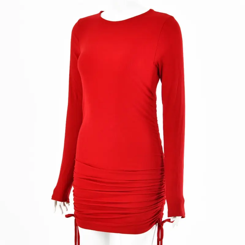 Women Fashion Solid Color Long Sleeve Drawstring Dress