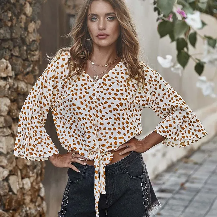 Women V Neck Lace-Up Dot Print Blouse