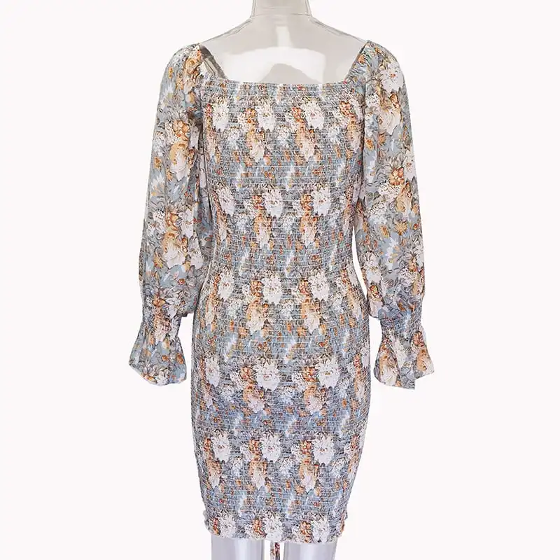 Women Fashion Floral Printed Ruffled Crease Dress