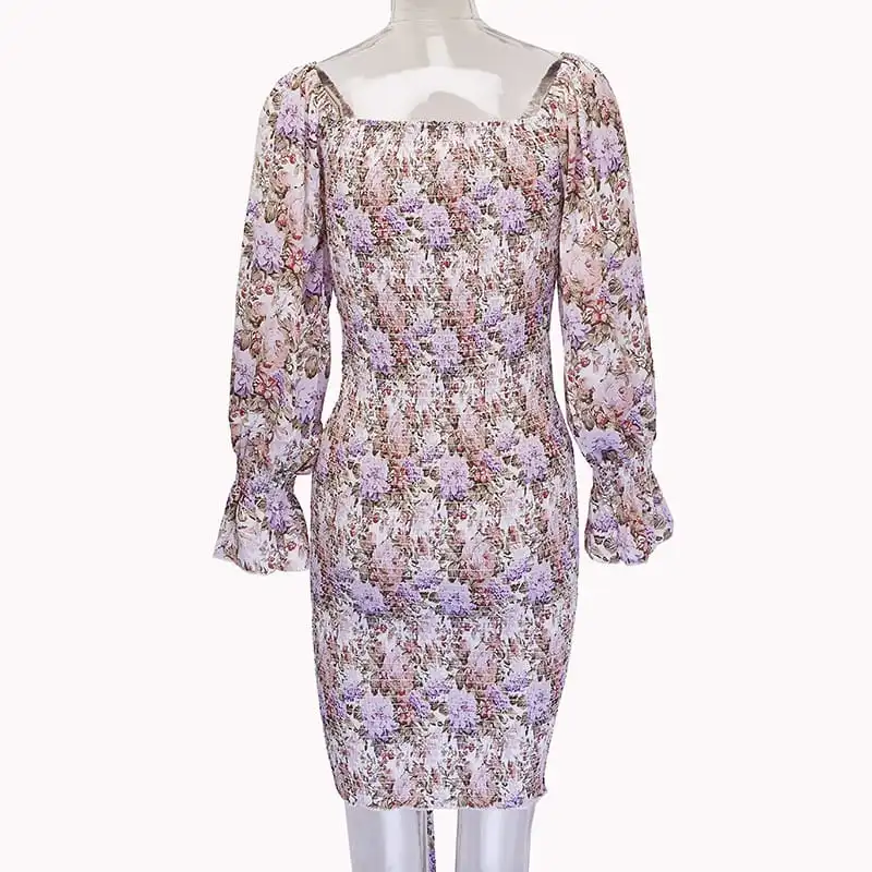 Women Fashion Floral Printed Ruffled Crease Dress