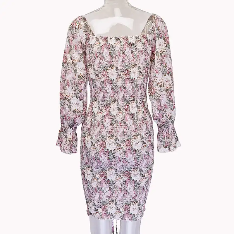Women Fashion Floral Printed Ruffled Crease Dress