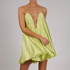 Wmen Night Out Sexy Edgy Summer Cut Out Chain Solid Color Sleeveless Ruffled Satin Mini Dress