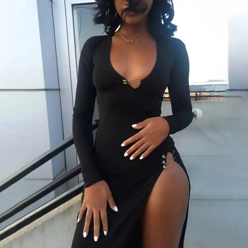 Women Fashion Solid Color V Neck Side-Slit Dress