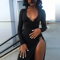 Women Fashion Solid Color V Neck Side-Slit Dress