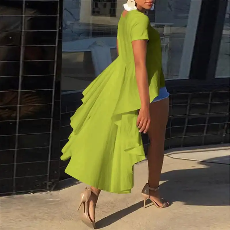 Women Fashion Solid Color Irregular High Low Hemline Blouse