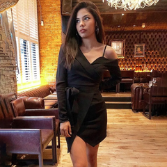 One-Shoulder Long-Sleeve Lace-Up Split Mini Dress