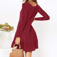 Women Solid Color V Neck Single-Breasted Dress