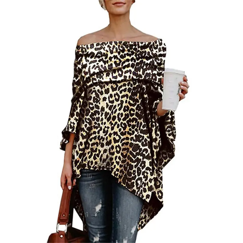 Women Loose Leopard Print Sexy Off-The-Shoulder Blouse