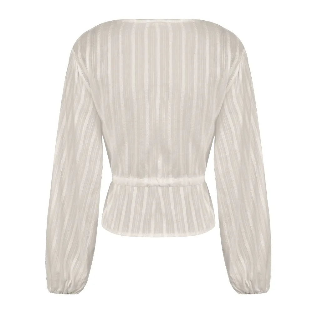 Women Striped Pattern Lace V Neck Lantern Sleeve Blouse