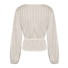 Women Striped Pattern Lace V Neck Lantern Sleeve Blouse