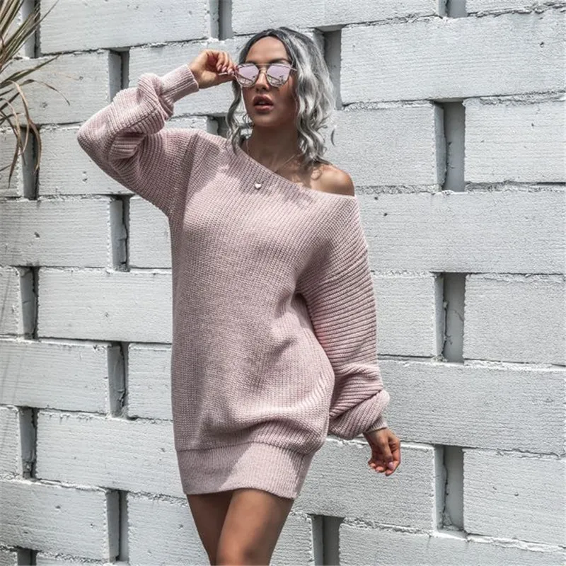 Winter Women Casual Solid Color Long Sleeve Knitted Mini Dress