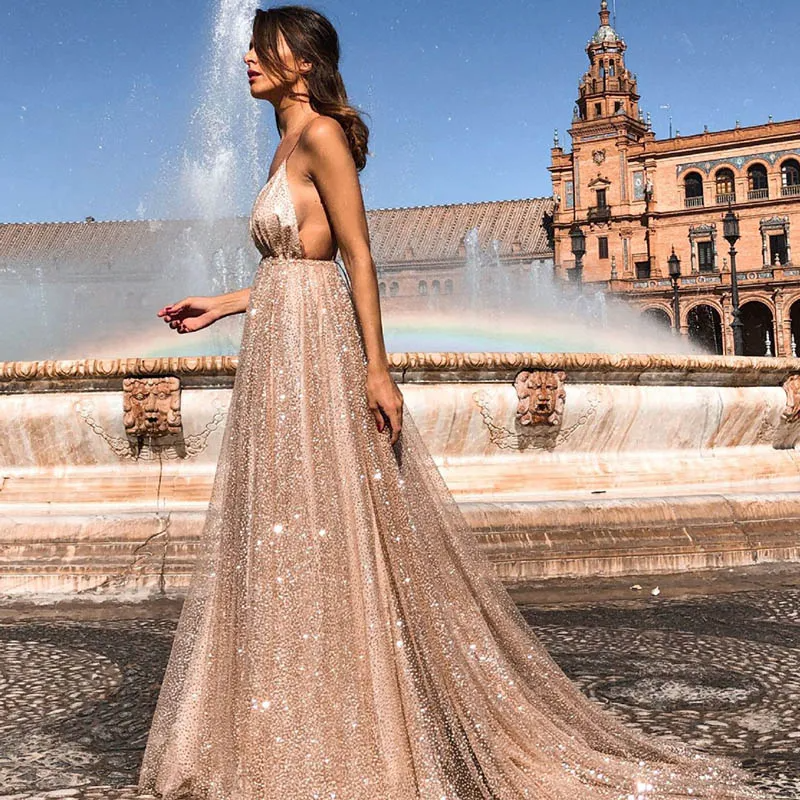 Glittering Women Sexy V Neck Backless Swing Maxi Dress