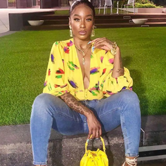 Sexy Deep V-Neck Single-Breasted Tie Dye Lantern Long-Sleeve Blouse