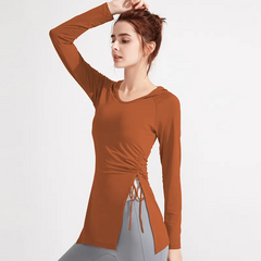 Women Fashion Solid Color Long Sleeve Drawstring Split Sports Yoga Top
