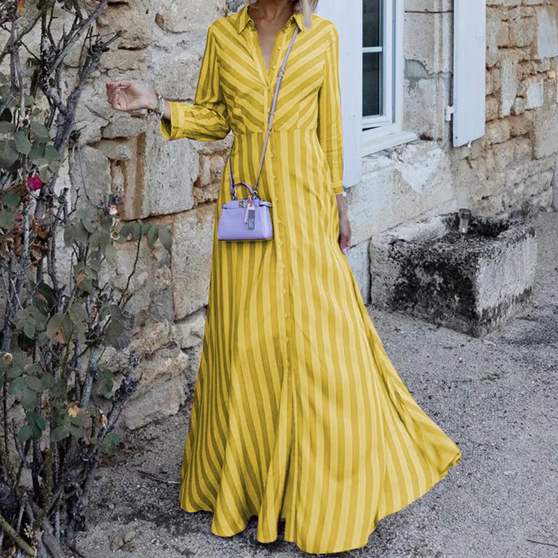 Women Fashion Casual Stripe Long Sleeve Maxi Dress
