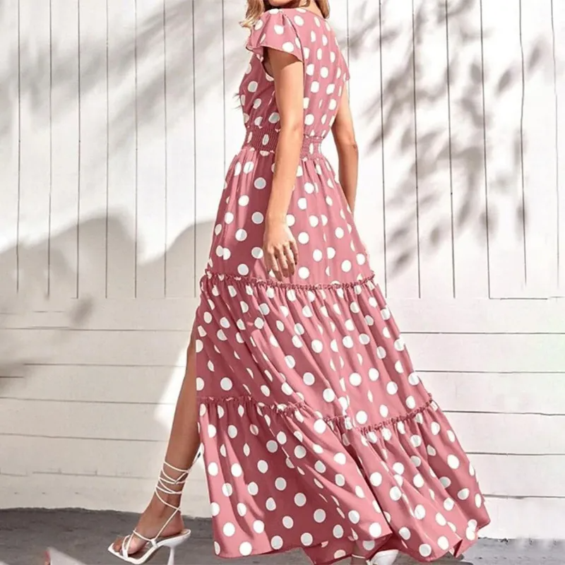 Summer Women Fashion Casual Dot Print Split Maxi Dress