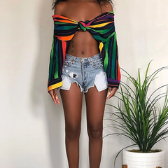 Women Rainbow Color Striped Lapel Single Breasted Long Sleeve Casual Blouses