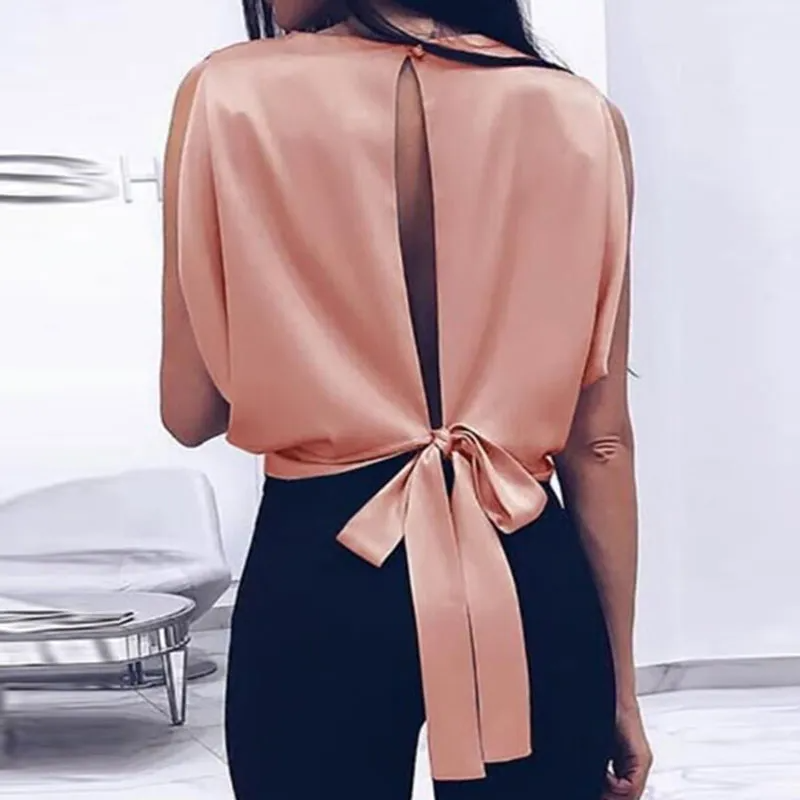 Women Sexy Solid Color Sleeveless Backless Bow Knot Blouse