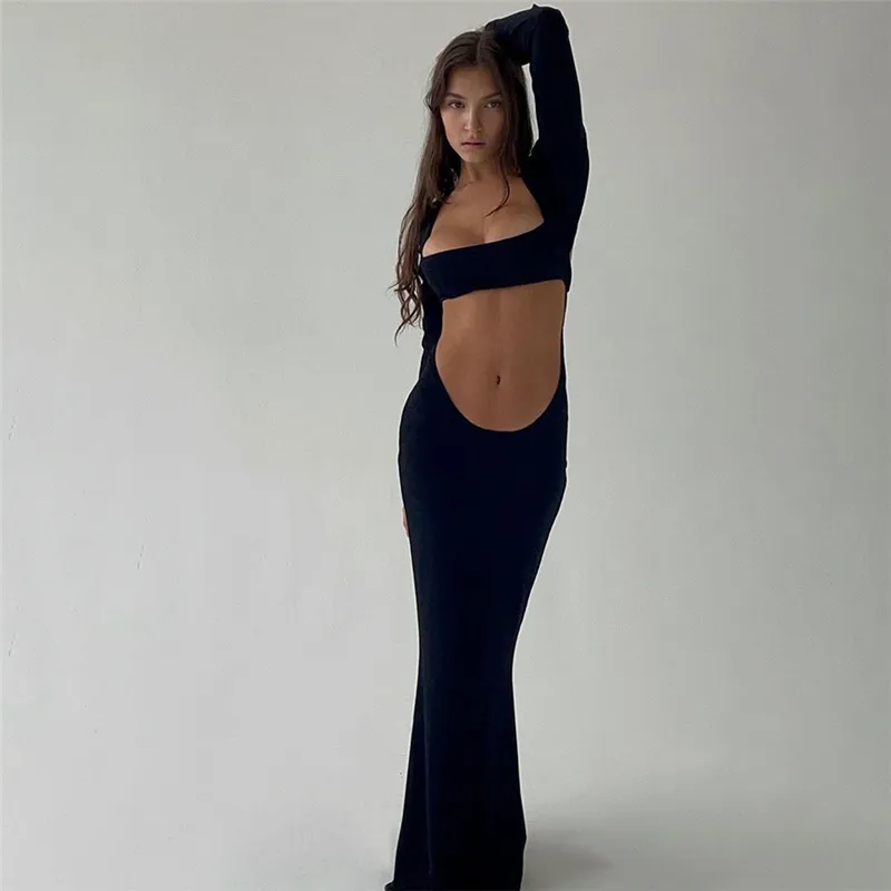 Women Sexy Night Out Cut Out Solid Color Long Sleeves Maxi Dress