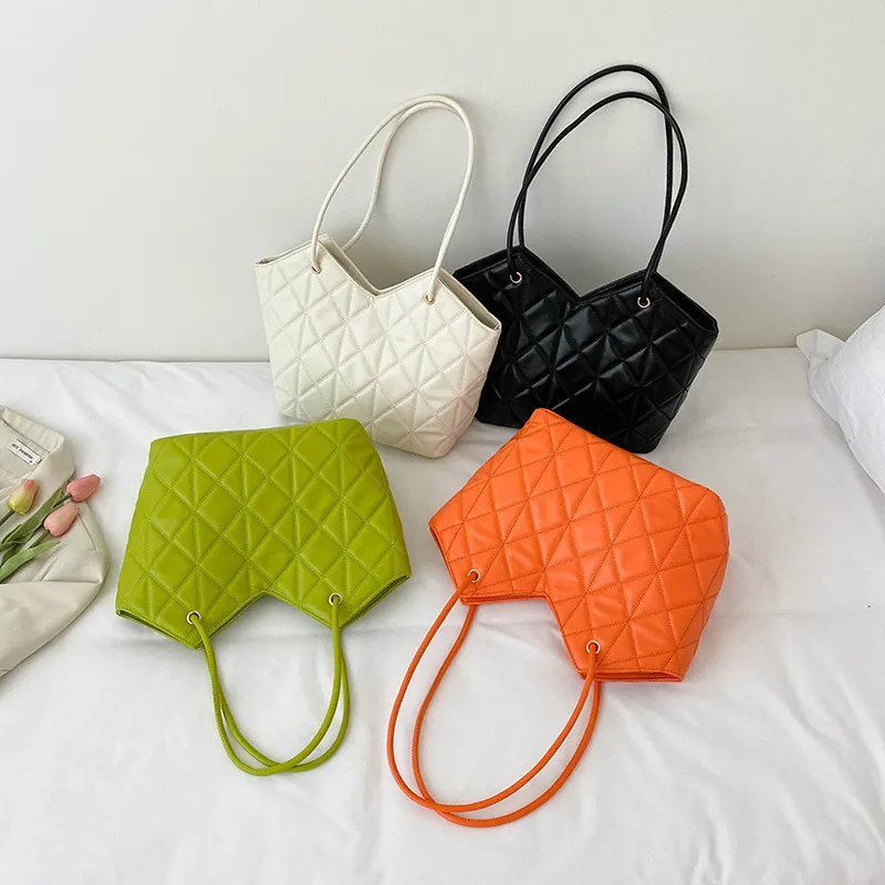 Women Fashion Large Capacity Quilted Solid Pu Shoulder Handbag Shopping Bag